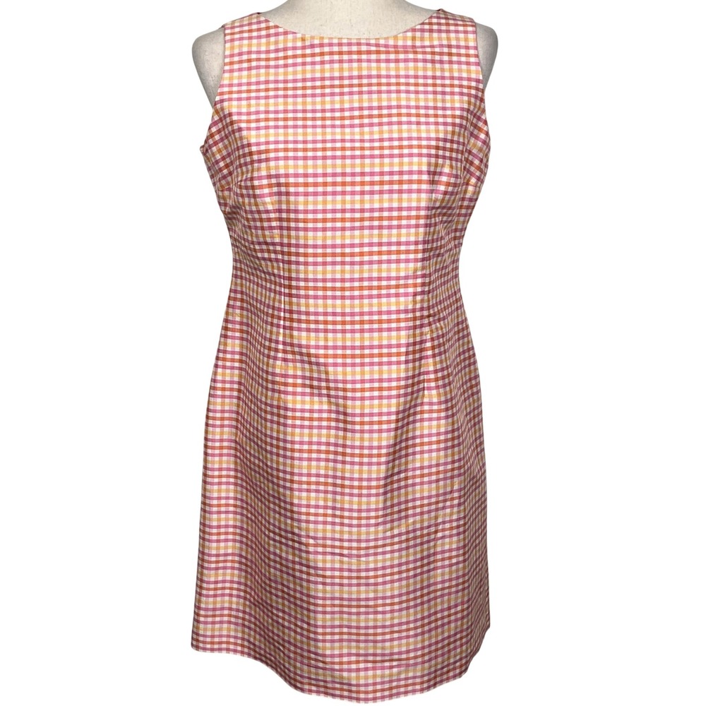 DUE per DUE Dress 8P Pink Orange Silk Gingham Sleeveless Cottage Prep Summergirl